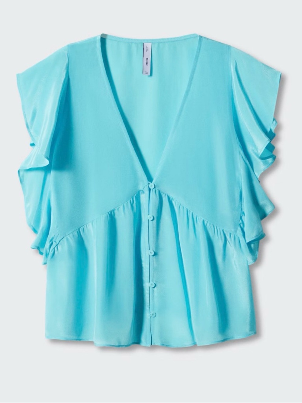 NWT Mango MNG Cyan Blue Ruffle V-Neck Blouse Size Medium